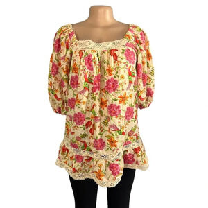 Rachel Zoe Linen Bird & Floral Tropical Print Peasant Top Lace Trim